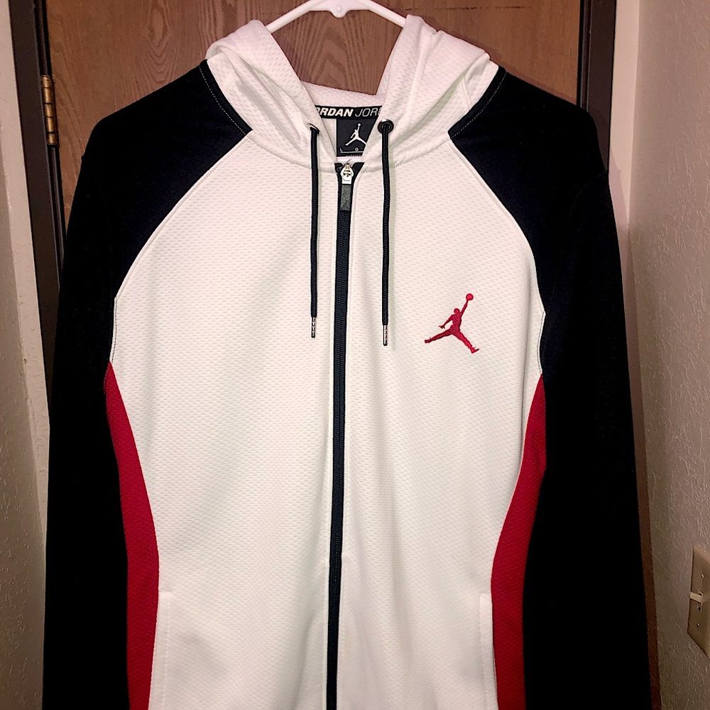 Jordan’s men’s zip up Size Large -Color  white black red.